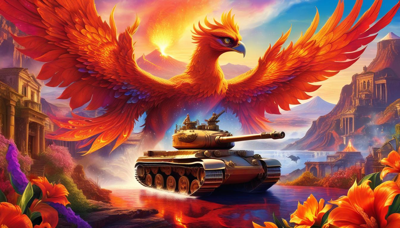  concept art (digital image, double exposure, masterpiece:1.3). (tank t90 in the image of a phoenix in vintage clothes, magnificent wings behind her back, expressive beautiful eyes, a look at the viewer:1.6). red ((fiery rivers of lava)), small rounded houses with pointed roofs. (background: eruption of vesuvius:1.4). a fascinating sight, (flowers from the flames:1.4), bright accents. revival. (in the style of josephine wall:1.5). high detail, realistic fantasy, 1024k resolution, hdr. . digital artwork, illustrative, painterly, matte painting, highly detailed, glowneon, hkmagic