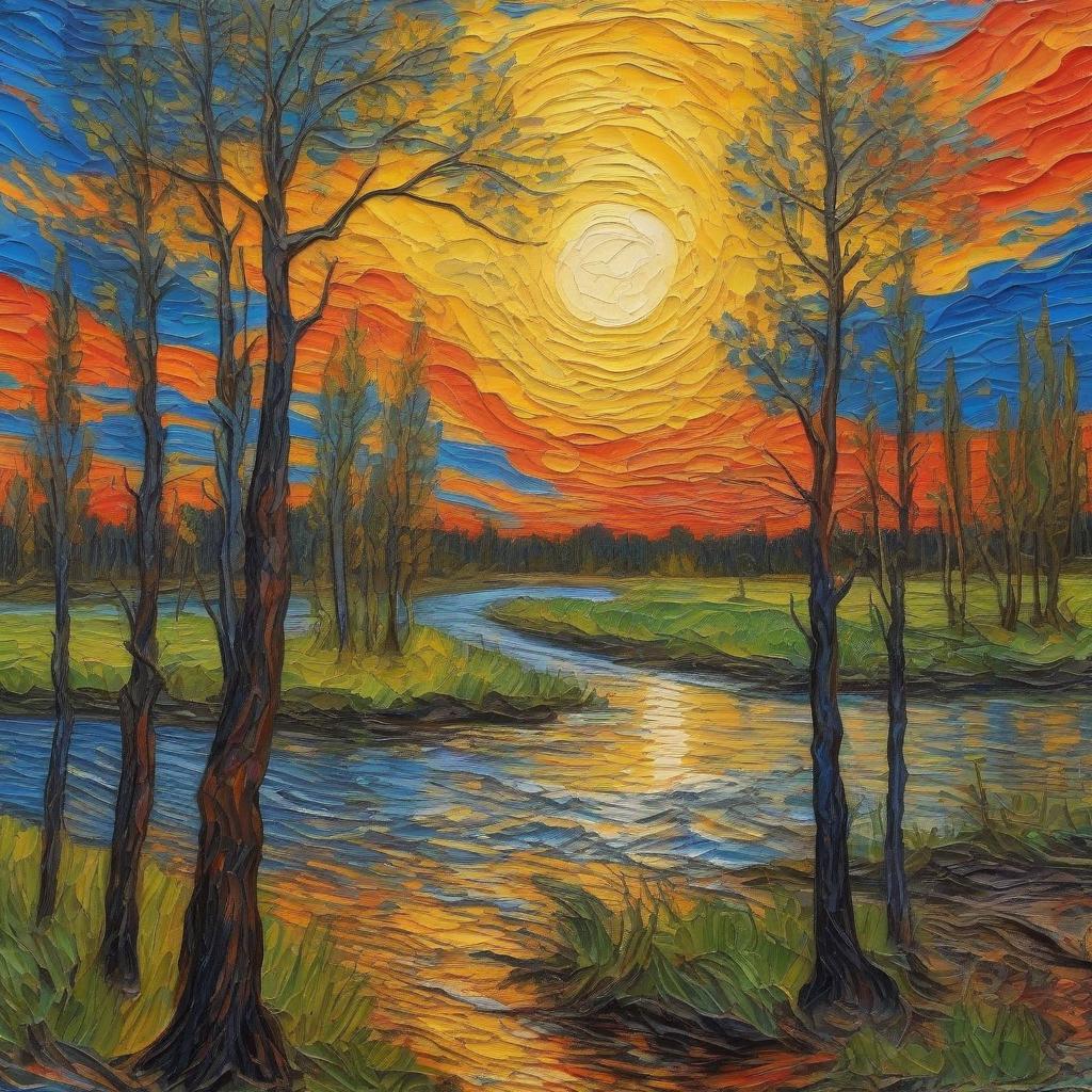  expressionist a van gogh painting.. sunset over the river. the forest is nearby.. brightly. traces of old relief paint. . raw, emotional, dynamic, distortion for emotional effect, vibrant, use of unusual colors, detailed