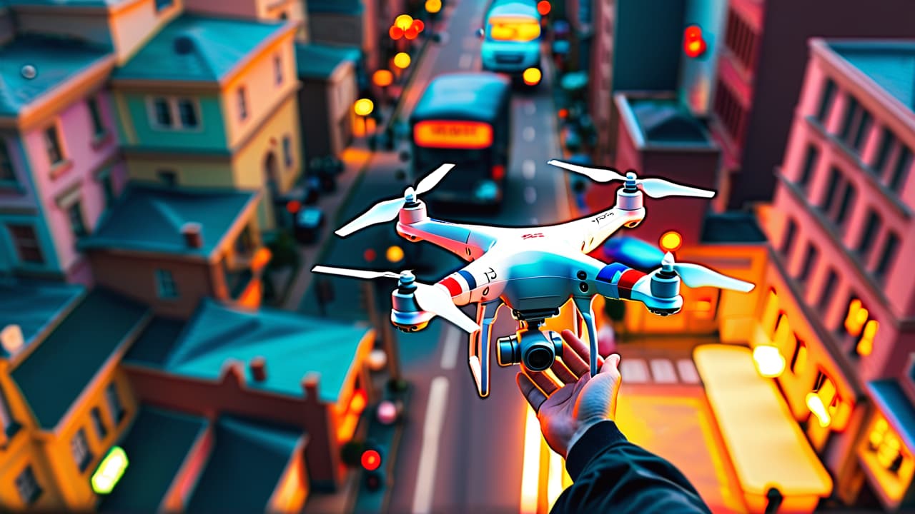  aerial view of a drone hovering over a crowded urban area, capturing images; visible privacy concerns with people looking up, signs of restricted airspace, and a frustrated photographer holding a camera on the ground. hyperrealistic, full body, detailed clothing, highly detailed, cinematic lighting, stunningly beautiful, intricate, sharp focus, f/1. 8, 85mm, (centered image composition), (professionally color graded), ((bright soft diffused light)), volumetric fog, trending on instagram, trending on tumblr, HDR 4K, 8K