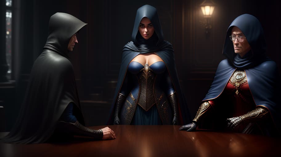  Three people in capes stand over the table and negotiate. hyperrealistic, full body, detailed clothing, highly detailed, cinematic lighting, stunningly beautiful, intricate, sharp focus, f/1. 8, 85mm, (centered image composition), (professionally color graded), ((bright soft diffused light)), volumetric fog, trending on instagram, trending on tumblr, HDR 4K, 8K