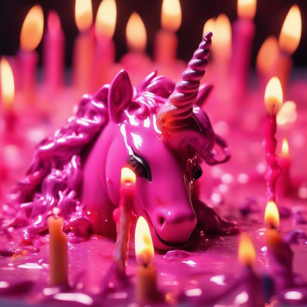  cinematic photo the head of a pink plastic unicorn (burning a melted candle instead of a horn) with multicolored paint dripping from it, burning a melted candle instead of a horn, against a background of total darkness . 35mm photograph, film, bokeh, professional, 4k, highly detailed