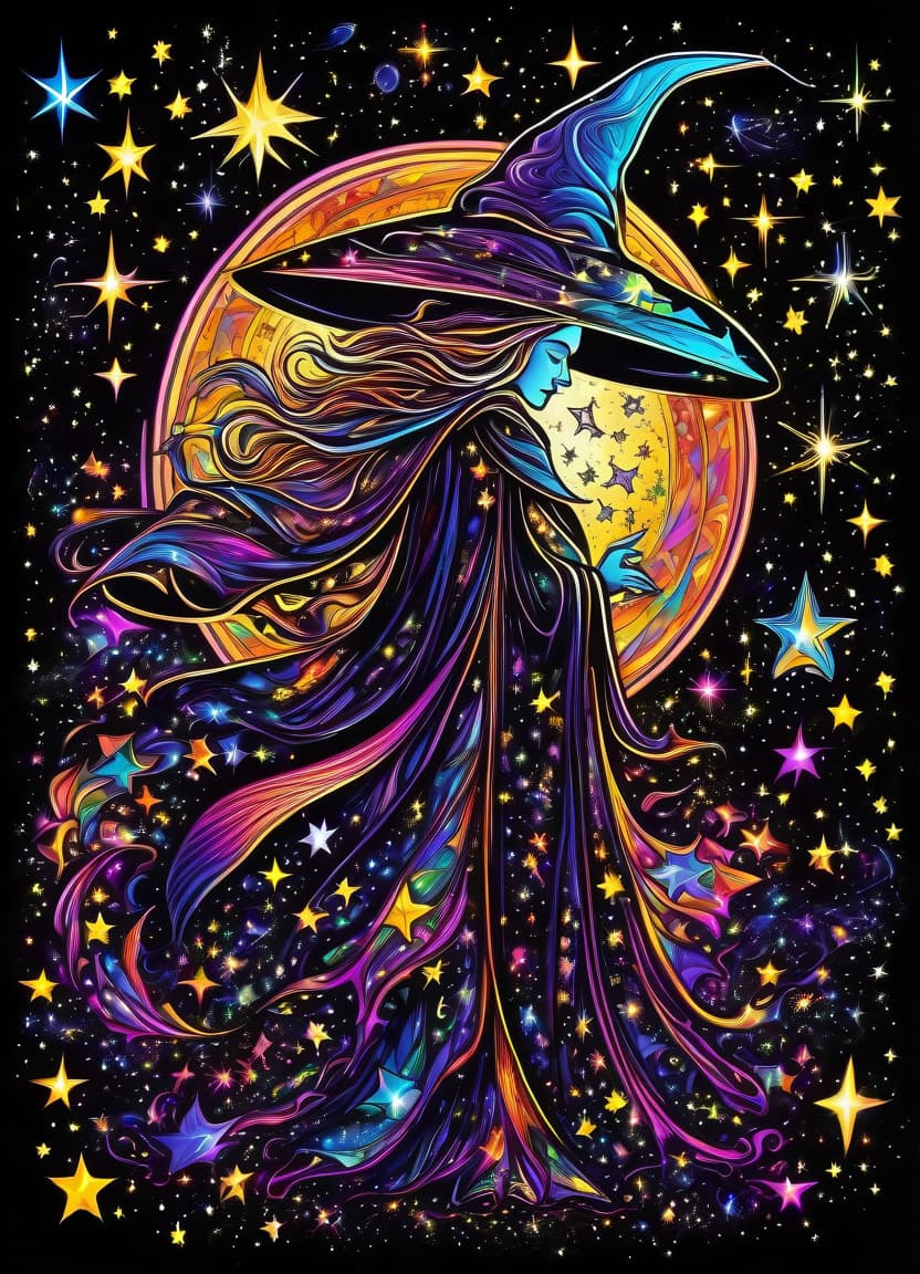  thin, fine fractal glossy vivid multicolore ink sketch on the black background, shiny contours outlines of a good witch in a robe with stars, in a pointed hat with stars, frame with intricate thin ornamentation from comet, stars and cosmic dust: (thin: 1,4) lines,