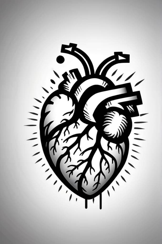  heart and brain connecting through music and a battery charging (half charged) , (tattoo:1.15), black and white style, hq, hightly detailed, 4k