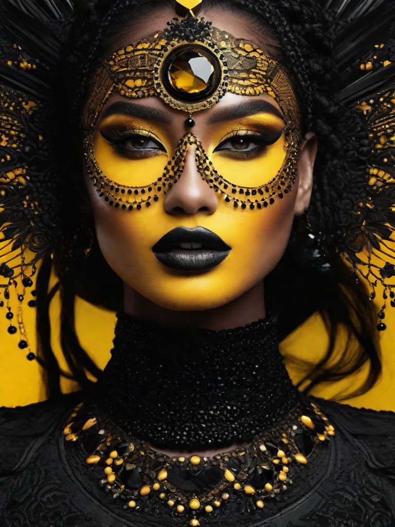  Golden yellow and sleek black color palette, captivating and inviting expression, exuding elegance and charm, magnetic beauty, intricate details, high contrast, luxurious feel, digital art, female, glossy finish, striking composition, dynamic lighting to enhance features.