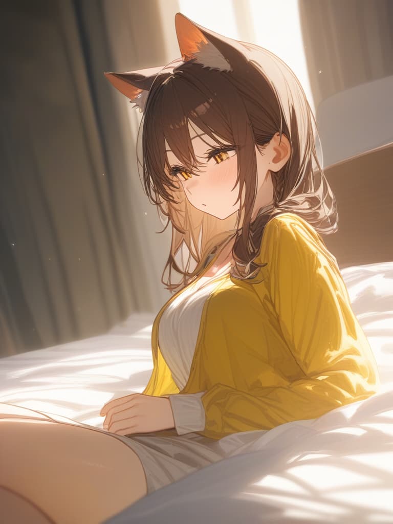  on the bed, brown hair, cat ears, cute, masterpiece, best quality,8k,ultra detailed,high resolution,an extremely delicate and beautiful,hyper detail