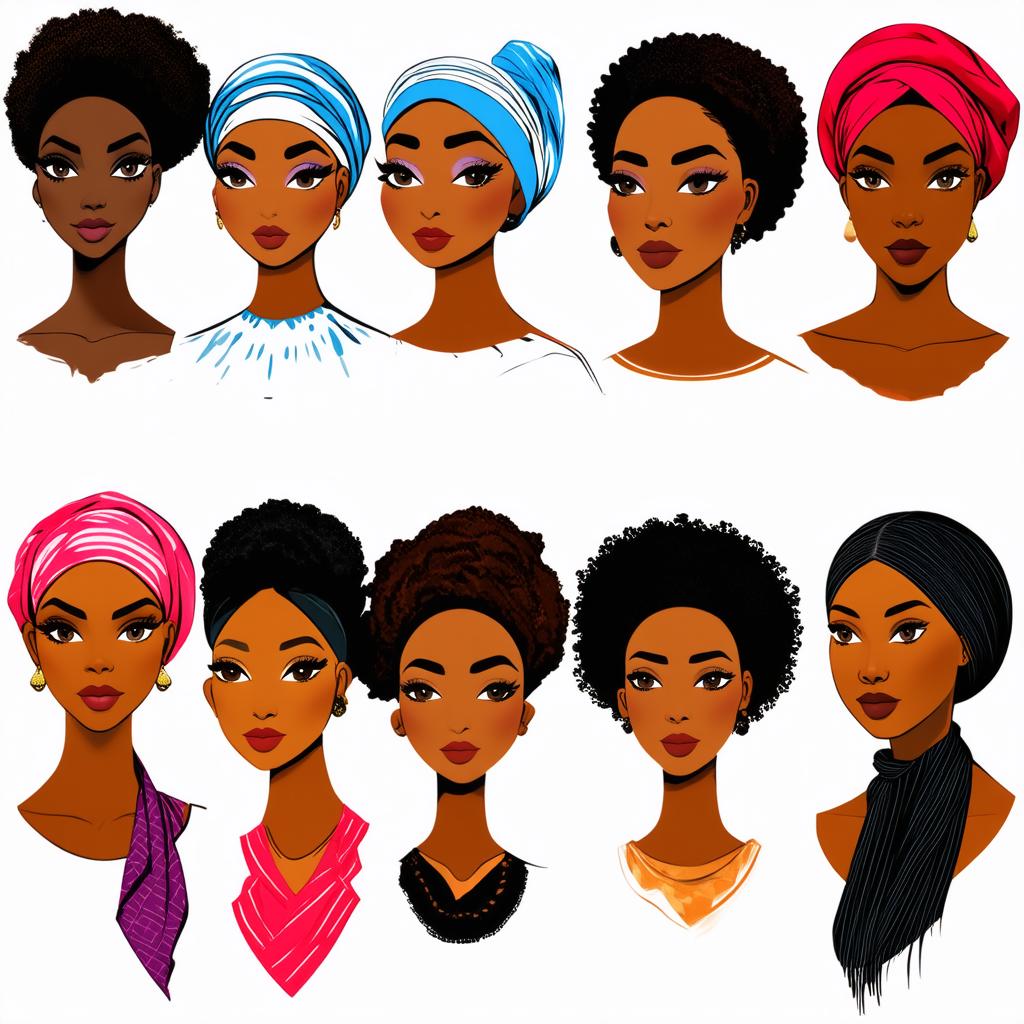  different beauty. set of different female heads in headscarf. different races and nationalities. colored hand drawn illustration {prompt}, maximum details