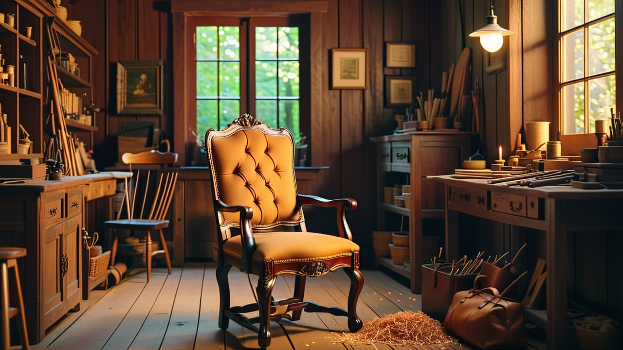  a cozy workshop scene with traditional woodworking tools, showcasing a beautifully crafted wooden chair in the center, surrounded by shavings, soft warm lighting, and rich, polished woods, reflecting craftsmanship and timeless design principles. hyperrealistic, full body, detailed clothing, highly detailed, cinematic lighting, stunningly beautiful, intricate, sharp focus, f/1. 8, 85mm, (centered image composition), (professionally color graded), ((bright soft diffused light)), volumetric fog, trending on instagram, trending on tumblr, HDR 4K, 8K