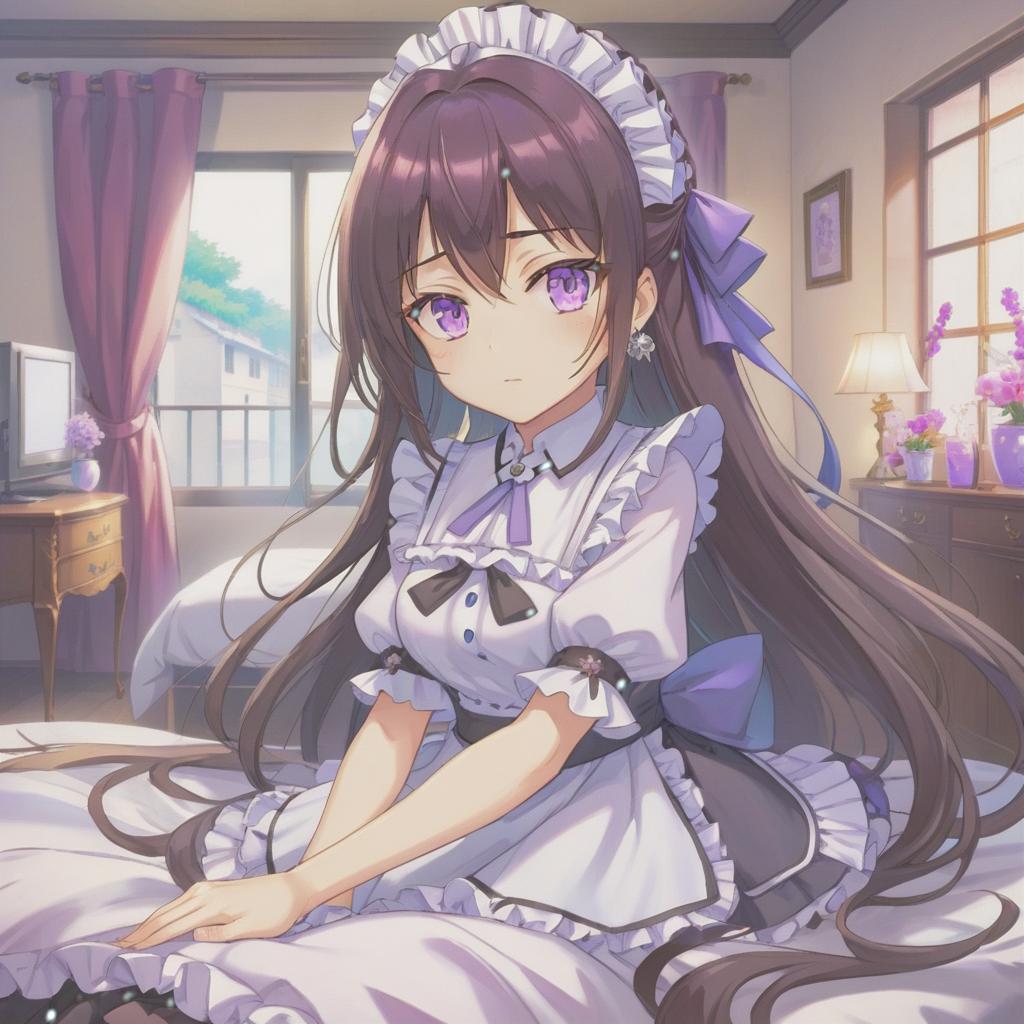  anime artwork girl, dark long hair folded into a bundle, purple eyes, maid's outfit, small silver earrings, the bedroom . anime style, key visual, vibrant, studio anime, highly detailed