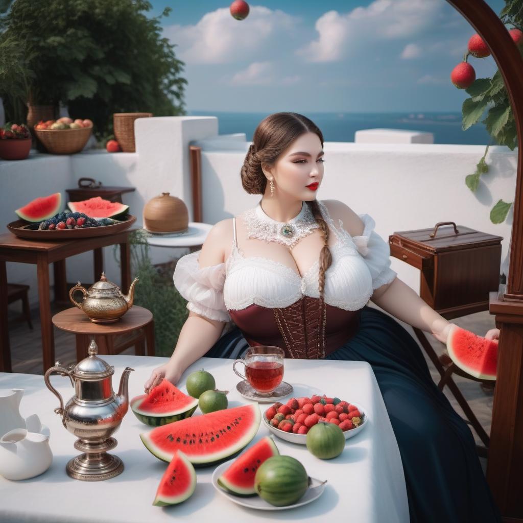  A fat beautiful Russian woman is sitting and drinking tea from a cup There is a watermelon on the table Samovar and fruits hyperrealistic, full body, detailed clothing, highly detailed, cinematic lighting, stunningly beautiful, intricate, sharp focus, f/1. 8, 85mm, (centered image composition), (professionally color graded), ((bright soft diffused light)), volumetric fog, trending on instagram, trending on tumblr, HDR 4K, 8K