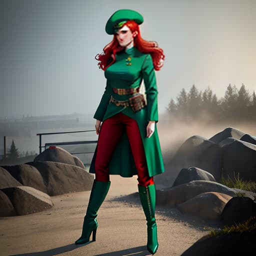  1 , turquoise turtleneck, red hair, green takes, green jeans, berets, skinny, black eyebrows, green eye color, evil, full body, boots, statue, dystopia hyperrealistic, full body, detailed clothing, highly detailed, cinematic lighting, stunningly beautiful, intricate, sharp focus, f/1. 8, 85mm, (centered image composition), (professionally color graded), ((bright soft diffused light)), volumetric fog, trending on instagram, trending on tumblr, HDR 4K, 8K