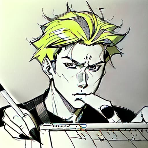  boy dokin, he's blonde at the computer, pencil drawing, black and white, b&w, low detail, sketch, concept art, manga style, anime style, line art, webtoon, manhua, chalk, hand drawn, defined lines, simple shades, simplistic, manga page, minimalistic