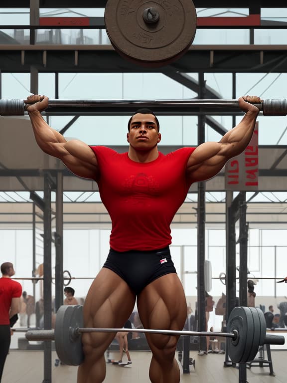  athlete weightlifter lifts the bar to the full height, on outstretched arms, a strong torso, a powerful physique, around the platform spectators, detailed drawing of the body, faces, negroid race, red t shirt, painting, oil, blur, photorealism, 16k., faded , vintage , nostalgic , by jose villa , elizabeth messina , ryan brenizer , jonas peterson , jasmine star