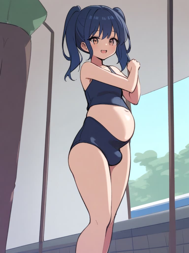  women's elementary students (male), twin tails, cute smiles, (rich s), short stature, dark blue swimwear, old swimwear, swimwear, simple, (bulging), upward, (bulge), front, whole body, pool side, pool side. ,,,