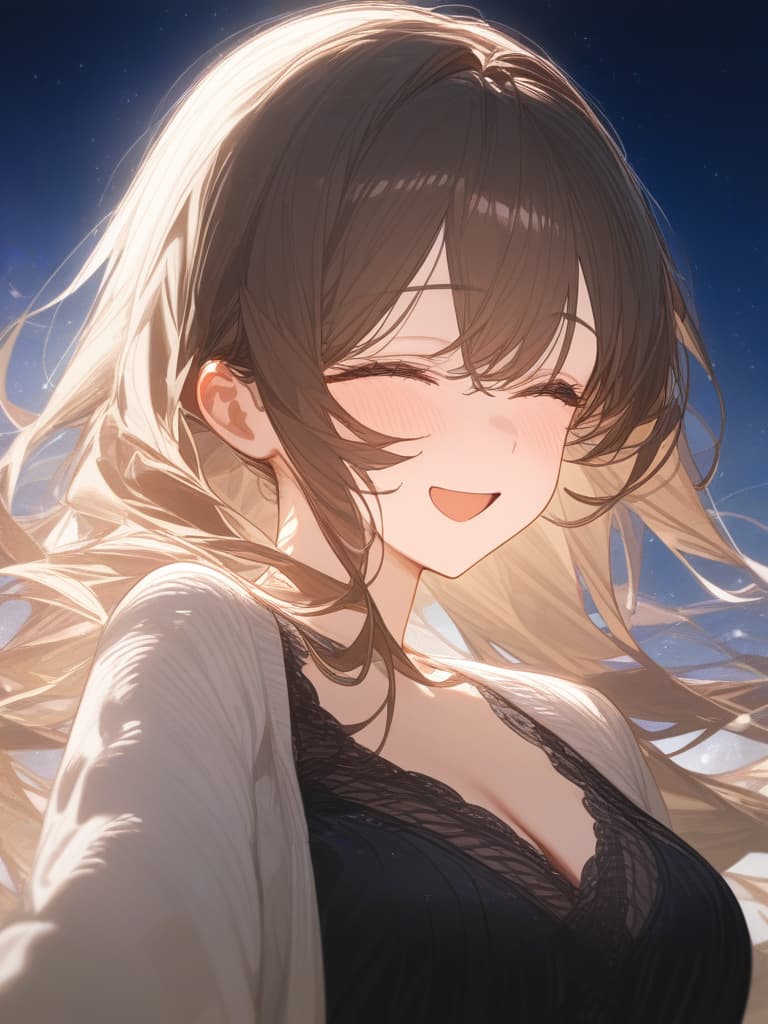  bright brown hair long hair, transparent ephemeral, under the starry sky, laughing while looking at here, up from the chest, black dress, white cardigan, masterpiece, best quality,8k,ultra detailed,high resolution,an extremely delicate and beautiful,hyper detail