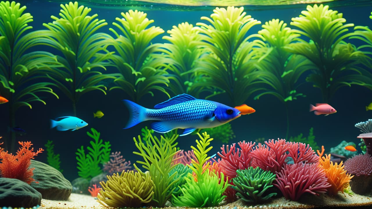  a vibrant fish tank filled with colorful fish swimming among lush aquatic plants, a bubbling filter, and a maintenance kit nearby, creating a serene underwater scene that highlights the beauty and complexity of fishkeeping. hyperrealistic, full body, detailed clothing, highly detailed, cinematic lighting, stunningly beautiful, intricate, sharp focus, f/1. 8, 85mm, (centered image composition), (professionally color graded), ((bright soft diffused light)), volumetric fog, trending on instagram, trending on tumblr, HDR 4K, 8K