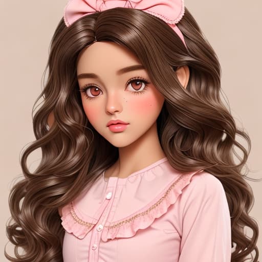  Make me a Blythe doll with brown wavy hair in a side part and brown skin with brown eyes and a pink shirt and head band