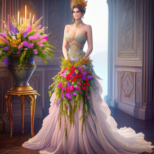  complex details, perfect lighting, incredible detail, hypermaximalism, natural balance of colors, 8k, beautiful and aesthetic, atmospheric, dress decorated with fresh flowers, full length, unusual dress, bright colors, consists of several parts, interesting solutions, marine stylistics, sea queen dress, fresh flowers on the dress, ancient, faded , vintage , nostalgic , by Jose Villa , Elizabeth Messina , Ryan Brenizer , Jonas Peterson , Jasmine Star hyperrealistic, full body, detailed clothing, highly detailed, cinematic lighting, stunningly beautiful, intricate, sharp focus, f/1. 8, 85mm, (centered image composition), (professionally color graded), ((bright soft diffused light)), volumetric fog, trending on instagram, trending on tumblr, HDR 4K, 8K
