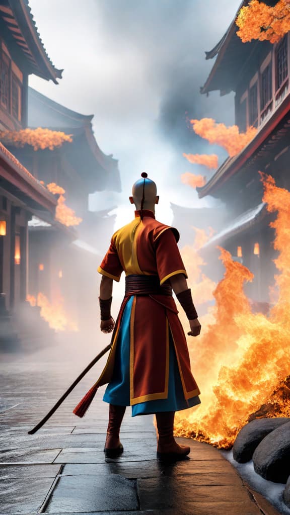  anime art: aang, mastering avatar state, defeats fire nation royals zuko, azula, and ozai with elemental power. hyperrealistic, full body, detailed clothing, highly detailed, cinematic lighting, stunningly beautiful, intricate, sharp focus, f/1. 8, 85mm, (centered image composition), (professionally color graded), ((bright soft diffused light)), volumetric fog, trending on instagram, trending on tumblr, HDR 4K, 8K