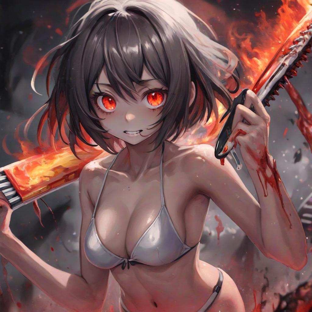  a close up of a person holding a toothbrush, by kamagurka, pixiv contest winner, serial art, fiery eyes, bikini. background of hell. gore, jeff the killer, portrait anime space cadet girl