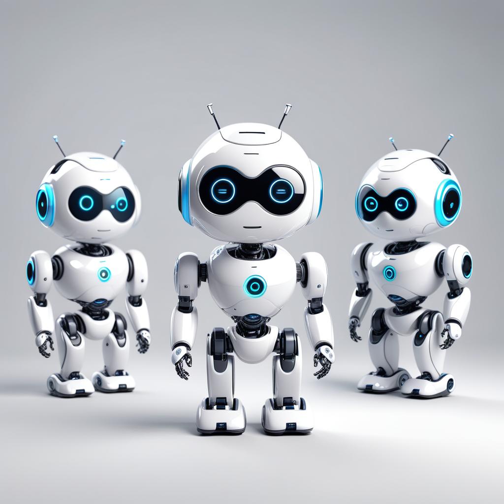  cute sleek white chatbot robots on a white background