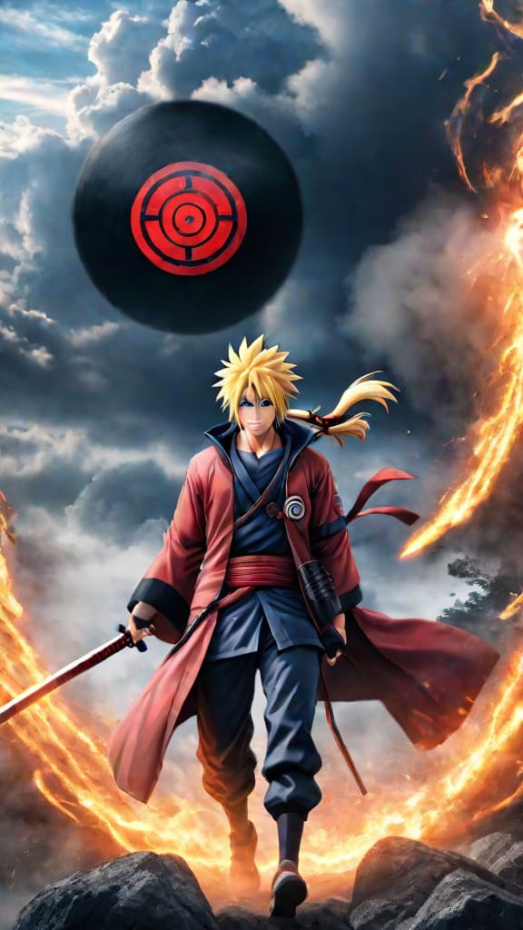  anime art of fugaku uchiha overpowering minato namikaze with his mangekyou sharingan in battle. hyperrealistic, full body, detailed clothing, highly detailed, cinematic lighting, stunningly beautiful, intricate, sharp focus, f/1. 8, 85mm, (centered image composition), (professionally color graded), ((bright soft diffused light)), volumetric fog, trending on instagram, trending on tumblr, HDR 4K, 8K