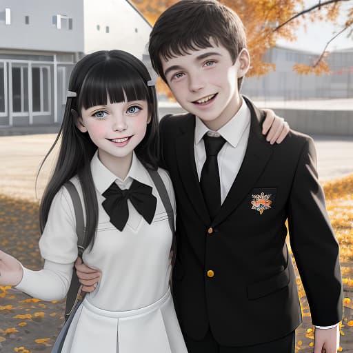  happy russian schoolboy and schoolgirl in black and white school uniform with bouquets smile at school around autumn bright leaves sunshine murmansk