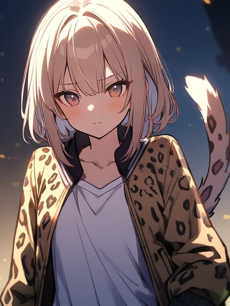  (前パッツン:1.7)(beautiful leopard beastie girl:1.7)(blunt bangs:1.7)(fangs:1.7)(leopard print jean jacket:1.5)(close up of upper body)masterpiece,high quality,16k,super analysis