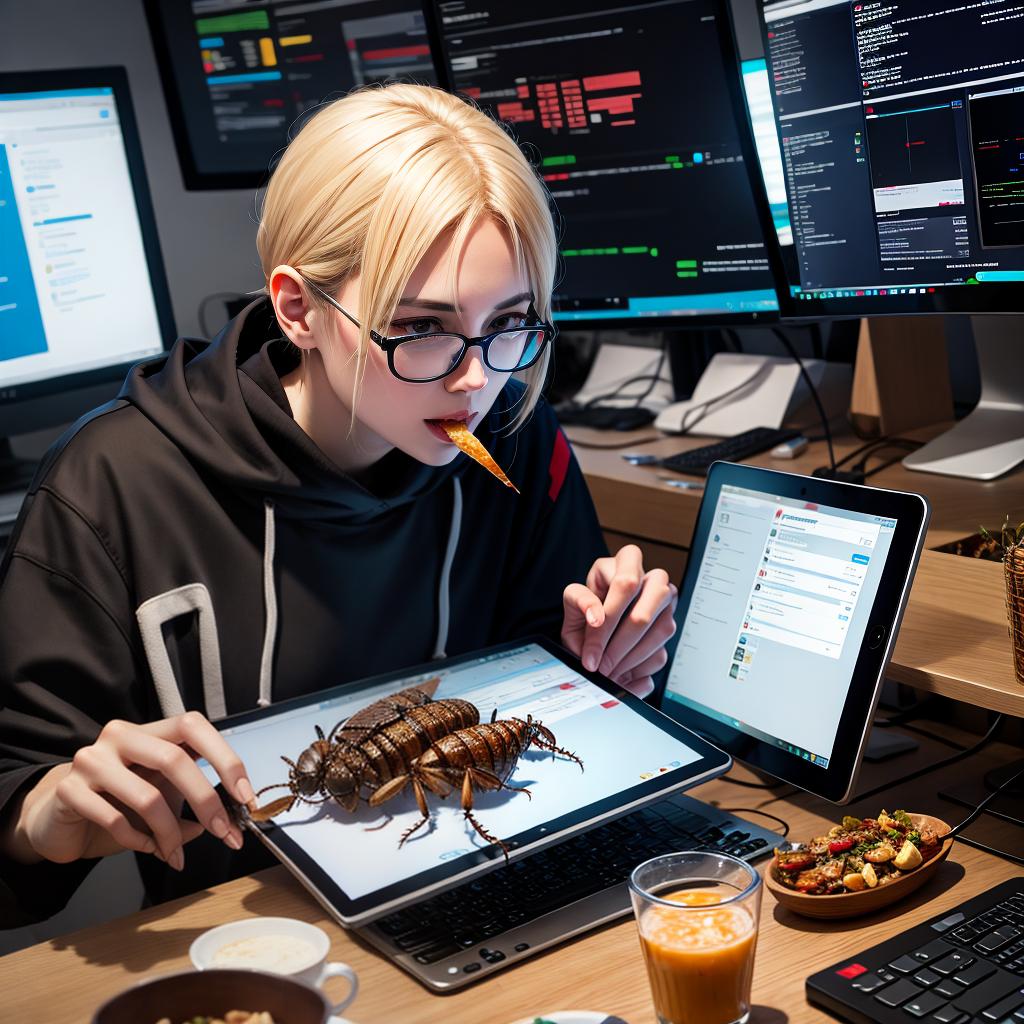  hacker is hacking something while eating cockroaches