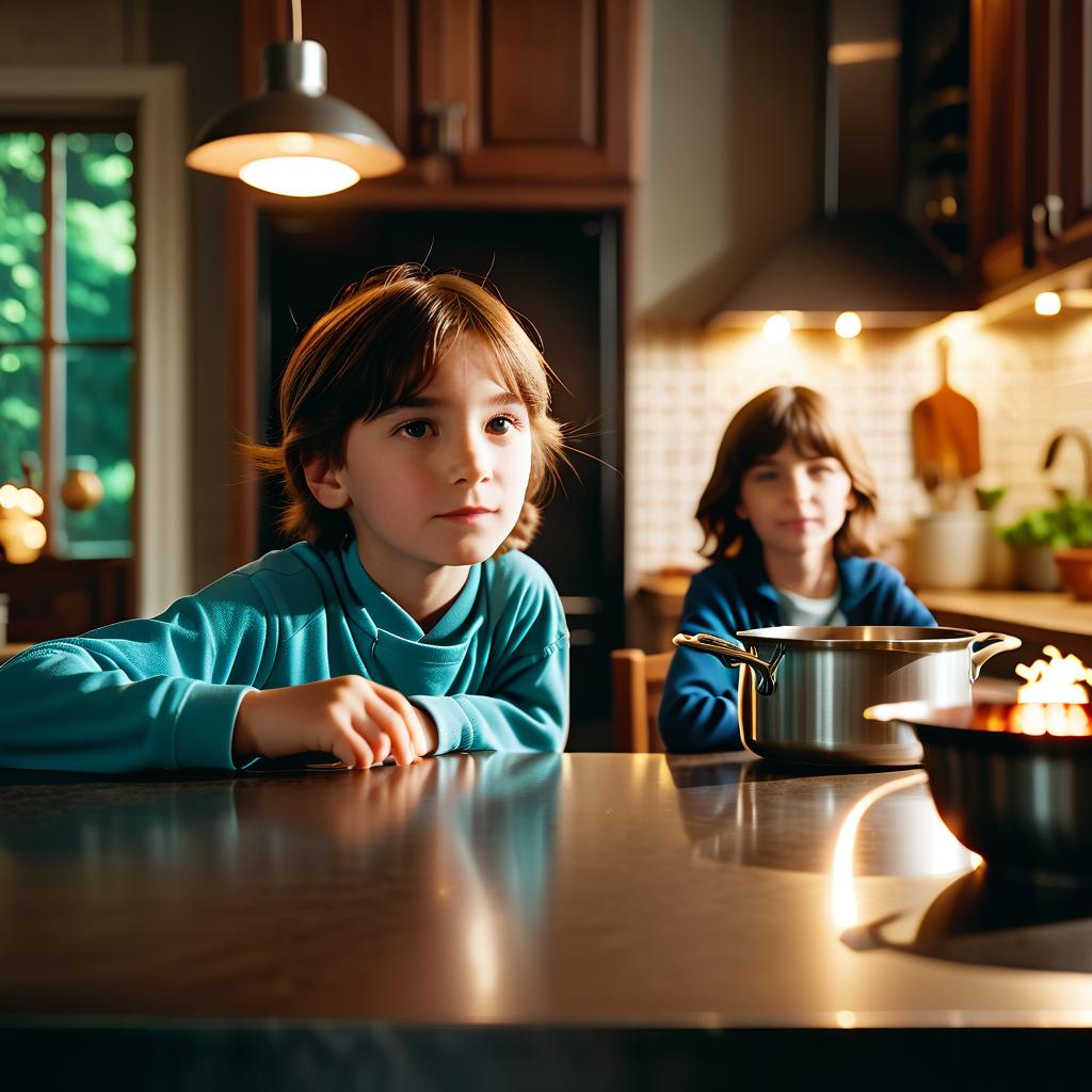  cinematic photo realistic photo. boy and girl. rite. pot. kitchen table. . 35mm photograph, film, bokeh, professional, 4k, highly detailed, film photography style