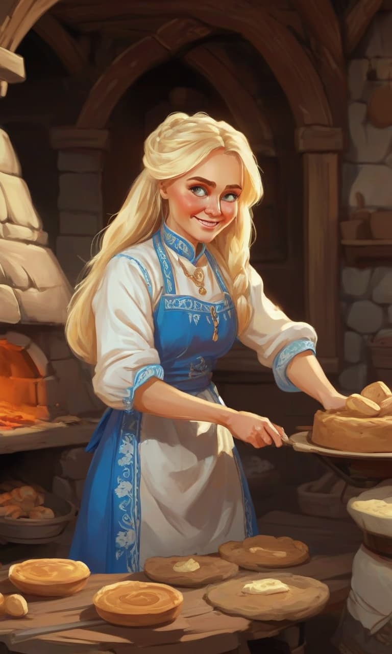  masterpiece, the best quality, a russian woman in traditional clothes prepares cakes in a stone oven, a very light smile, tense, piercing eyes, blue eyes, flowing blond hair, dressed in a traditional russian outfit, cooks in the open air, inside a wooden castle, against the background of an ancient russian throne room in a wooden castle, cartoon style, cute,