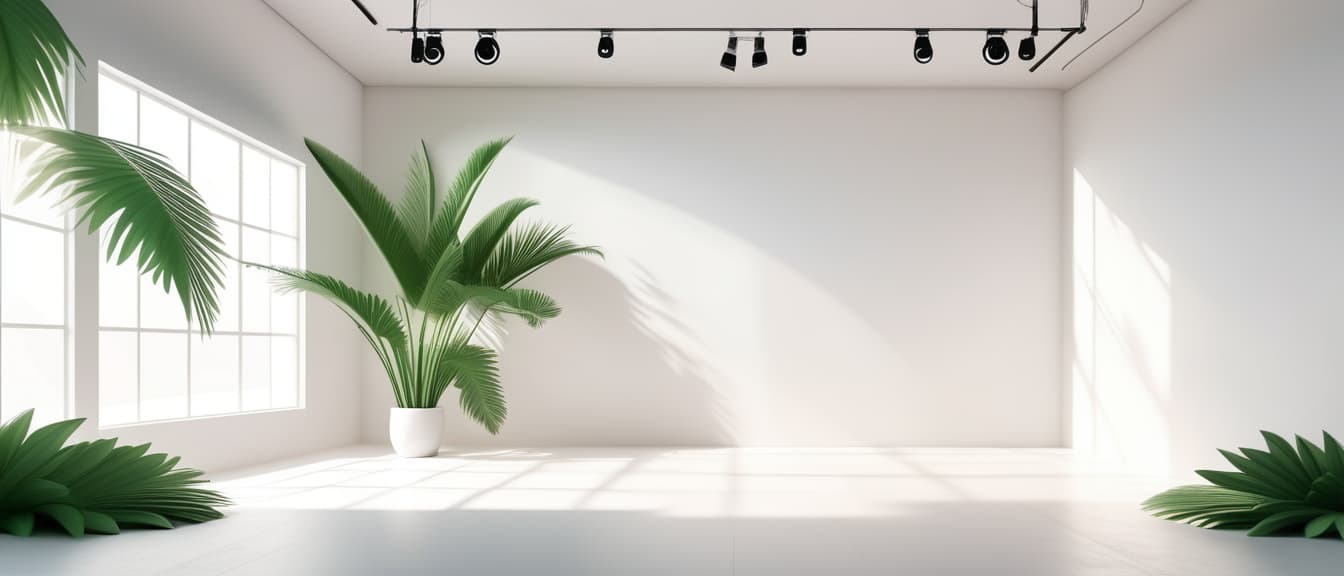  Abstract white studio background for product presentation. Empty room with shadows of window and flowers and palm leaves . 3d room with copy space. Summer concert. Blurred backdrop.