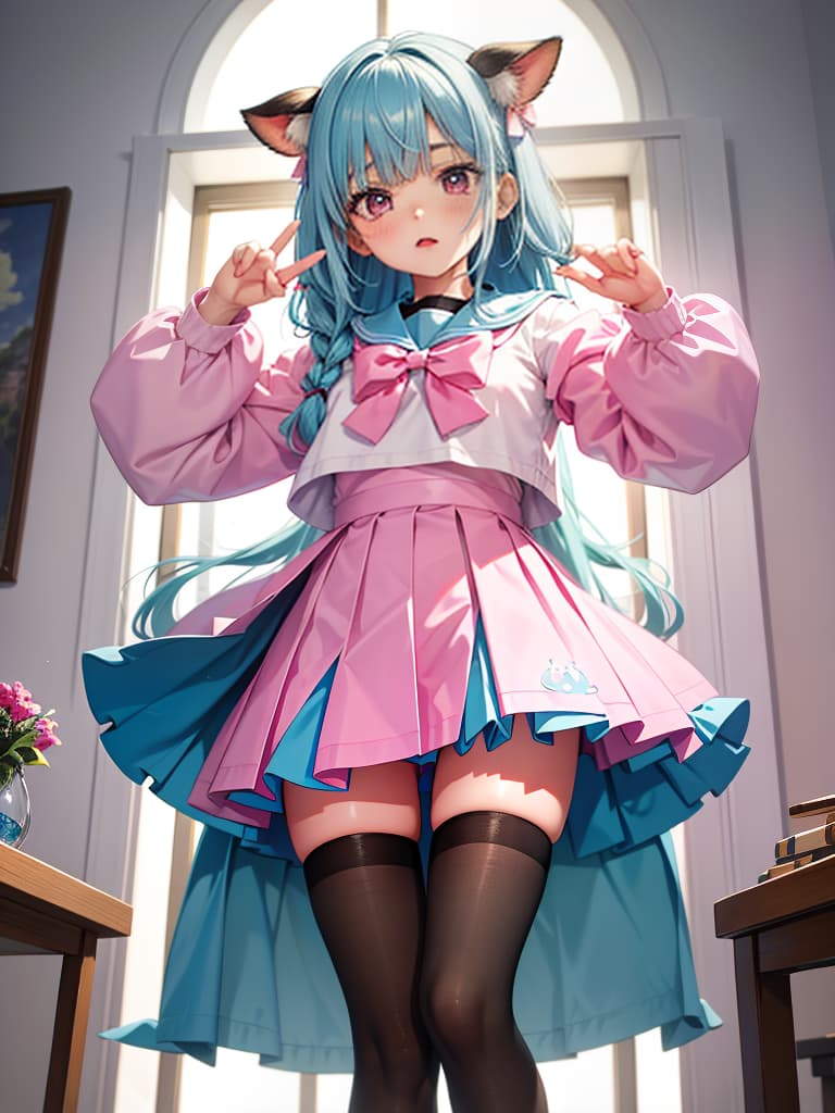  masterpiece,highres,((v ray render)),sense of depth,close view,cow shot,pastel colored painting,indoors, atmosphere,clroom,solo,,kawaii,intelligence,joyful,wince,shocked,y makeup, eyelash,big eyes,droped eyes,pastel blue hair,two side up, uniform,sailor suit,serafuku,long sleeves,pastel pink outfits,bow,pastel purple bow,pleats ,mini,blue ,tights,black tights,standing,open stance,legs apart,pose,hands up,own hands together,steepled fingers.