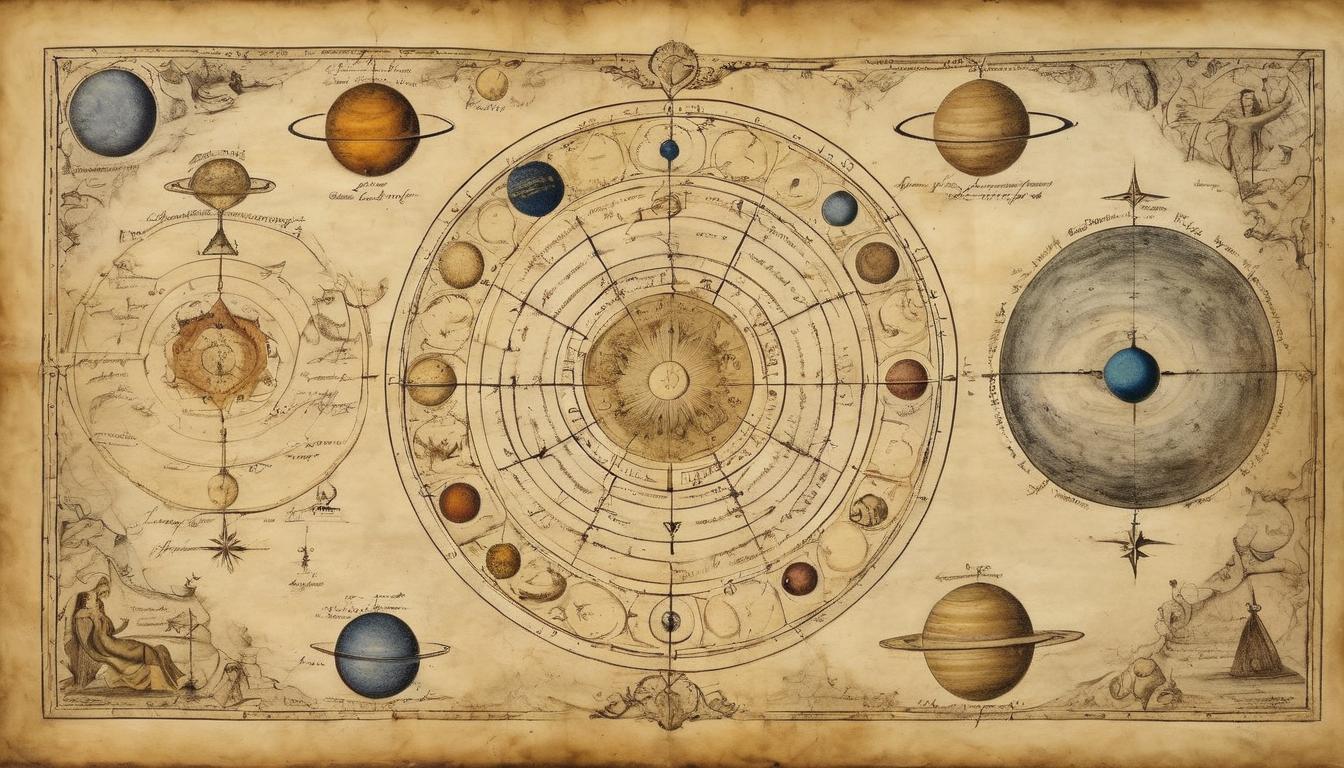  on parchment, surrealism++, celestial alignment, planets and stars in a perfect arrangement, cosmic harmony, sense of divine order and timing(mysterious, provocative, symbolic)++