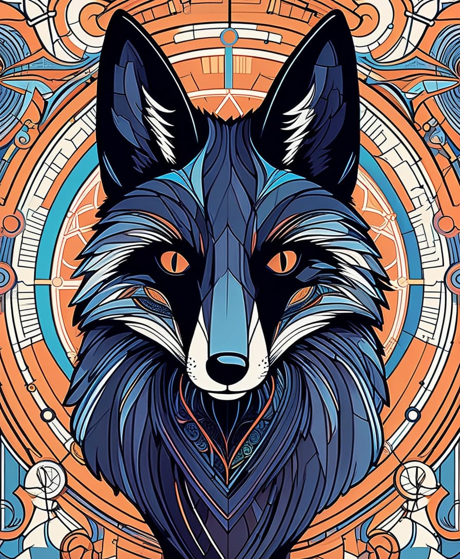  architectural style light, centered, colorful, modern illustration of a black fox with wild swirling . portrait, fibonacci sequence, tessellation, art nouveau, heavy outline comic book . clean lines, geometric shapes, minimalist, modern, architectural drawing, highly detailed