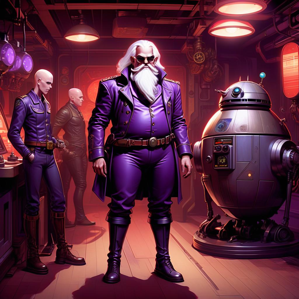  retro game art a group of space truckers, a young alien, 20 year, purple skin, large size elastic , elegant thin waist, long slender legs, white hair. man, 40 year, small, fat, bald, black. next to the droid and minotaur. full length image, steampunk, dieselpunk, paropunk, standing in a tavern, against a background of red light. . 16 bit, vint colors, pixelated, nostalgic, charming, fun