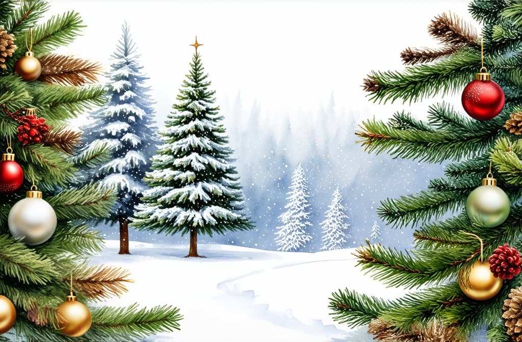  professional detailed photography, winter background hand painted watercolor drawing for christmas and happy new year season ar 3:2, (muted colors, dim colors, soothing tones), (vsco:0.3)