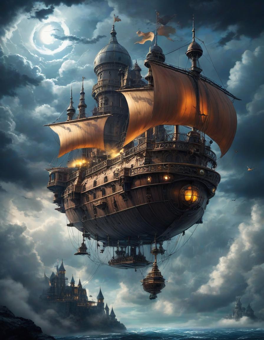  a flying steampunk ship, view from below, a gothic castle is built on the deck, wojtek sudmak style, surrealism, against the background of clouds and lightning, dramatic plot, fantasy, ultra detailed