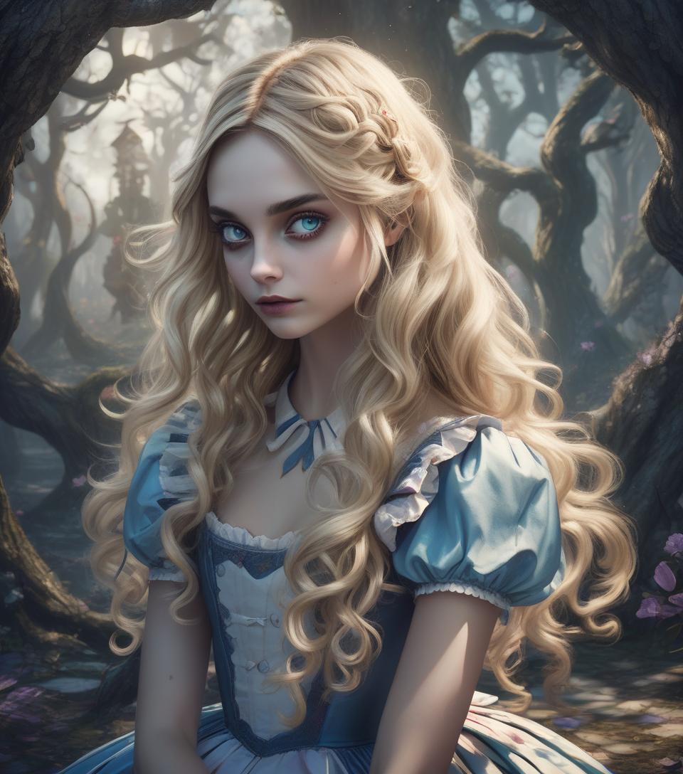  breathtaking beauty, ((portrait)) of twisted ((alice in wonderland)) long flyaway wavy blonde hair, cute, whimsical, intricate, foreboding, audacious detailed fantasy, moonlight and shadows charming, fabled colors, dark vision ((skyrim)) digital art magnum opus