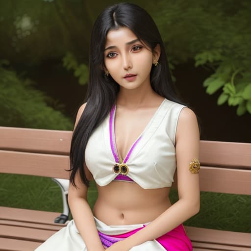 a indian lady sitting on bench and remove her chest button show her half chest