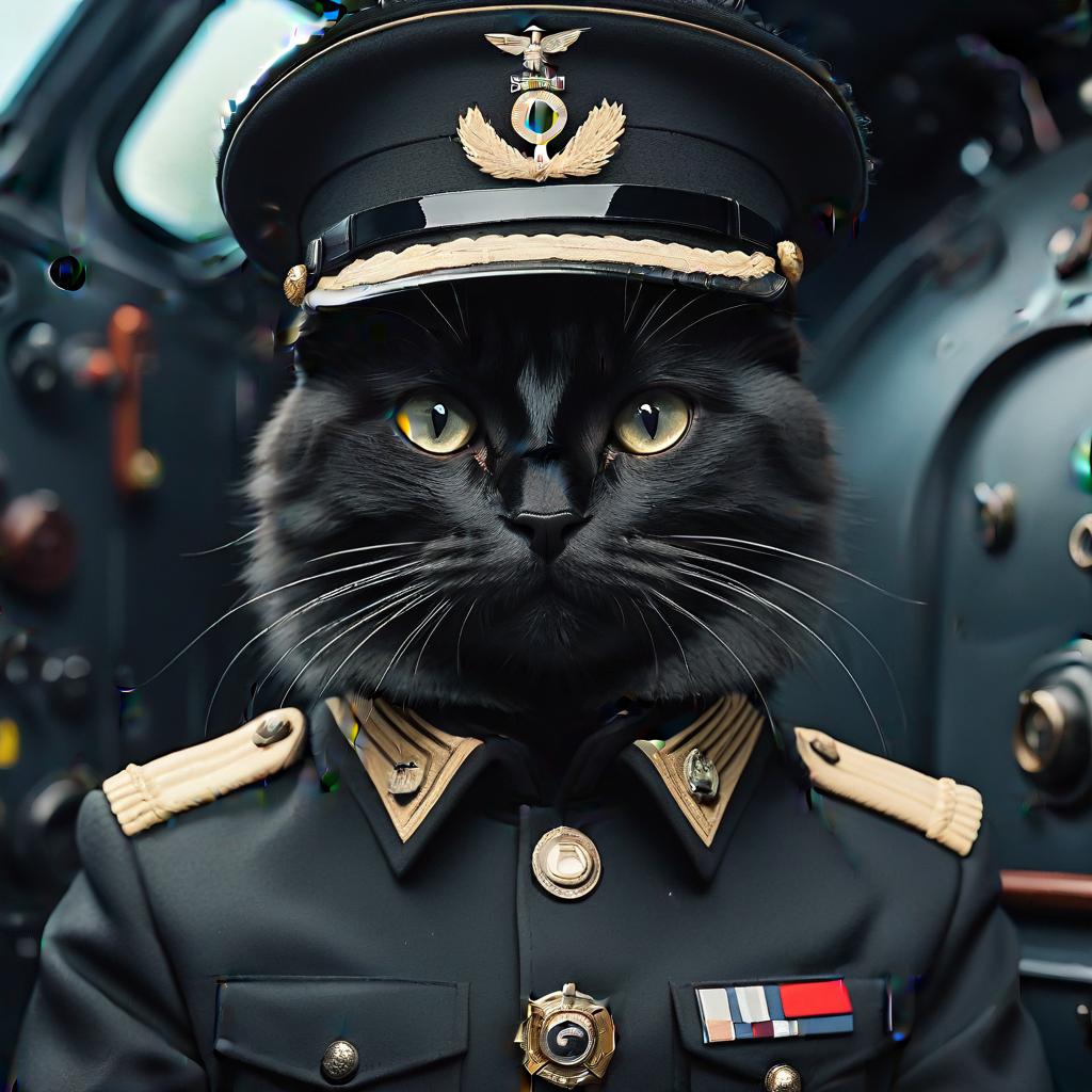  a furry black cat in the style of a german captain from the second world war, in a submarine