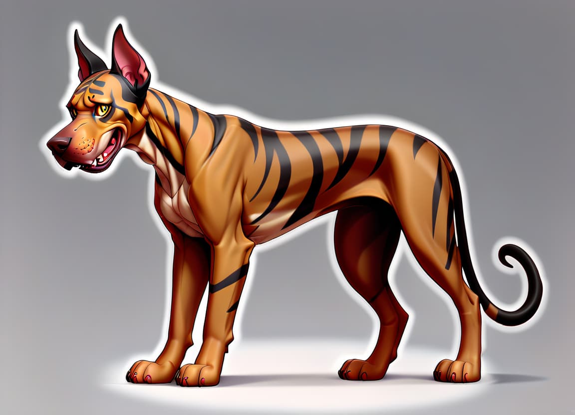  anime artwork animal, hybrid, dog, smooth coat, tiger color, doberman, serious look, full height, gray background, concept art . anime style, key visual, vibrant, studio anime, highly detailed, sticker