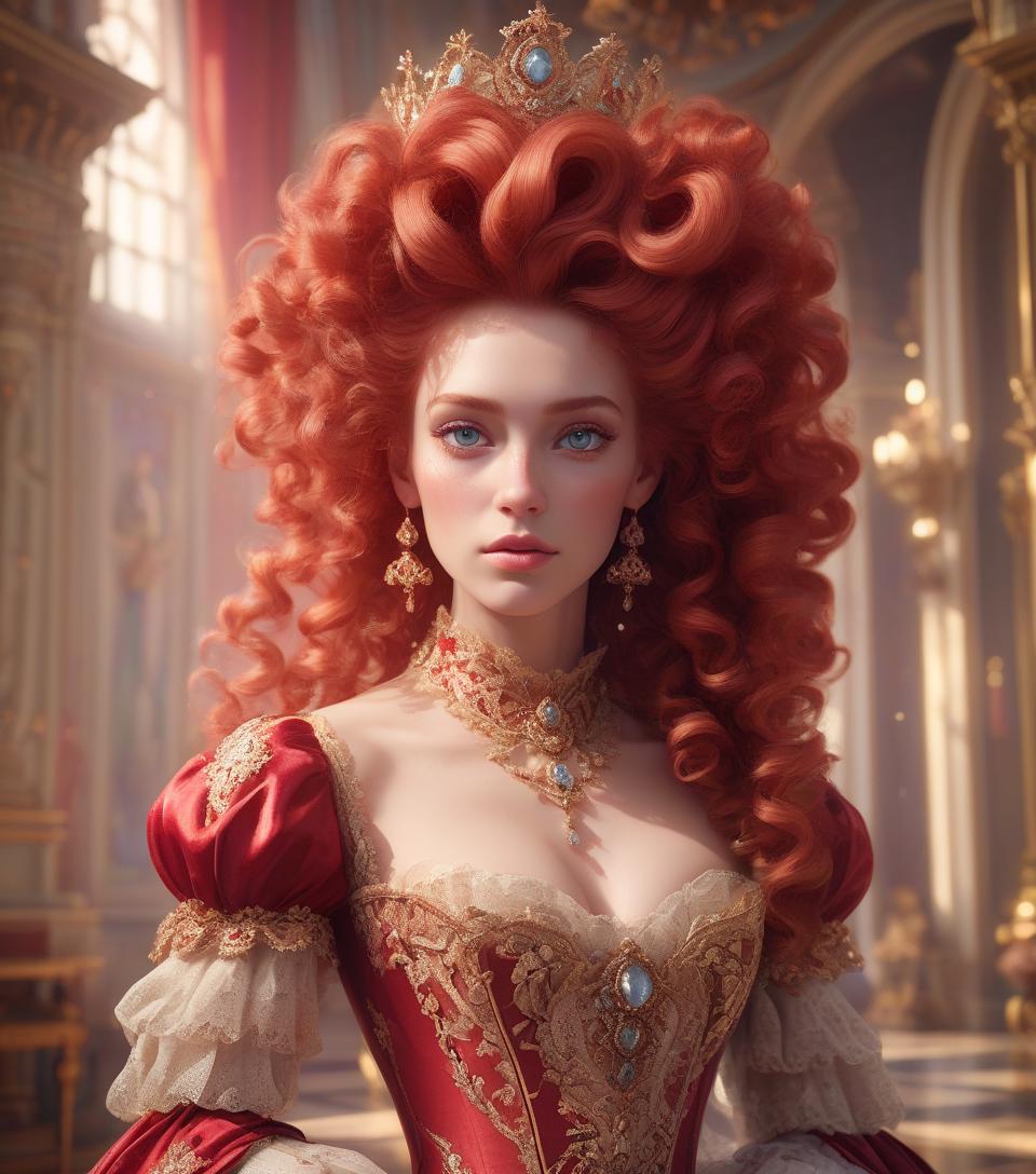  "beautiful rococo princess", elaborate gown, massive curly red rococo hair, head and shoulders portrait, finely drawn eyes, 8k resolution concept art portrait dynamic lighting hyperdetailed intricately detailed splash art trending on artstation unreal engine 5 volumetric lighting