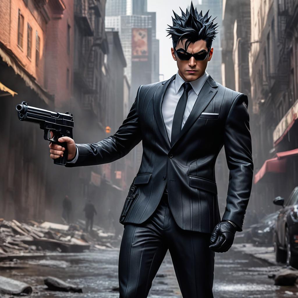  gritty really skinny malnourished superhero with black spikey hair with a gun in a black suit photo realistic, highly intricate and detailed, masterpiece, ultra high res,photography,8k resolution