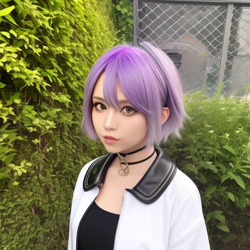  Subculture light purple hair color hair cut wolf cut girl with collar and condescending