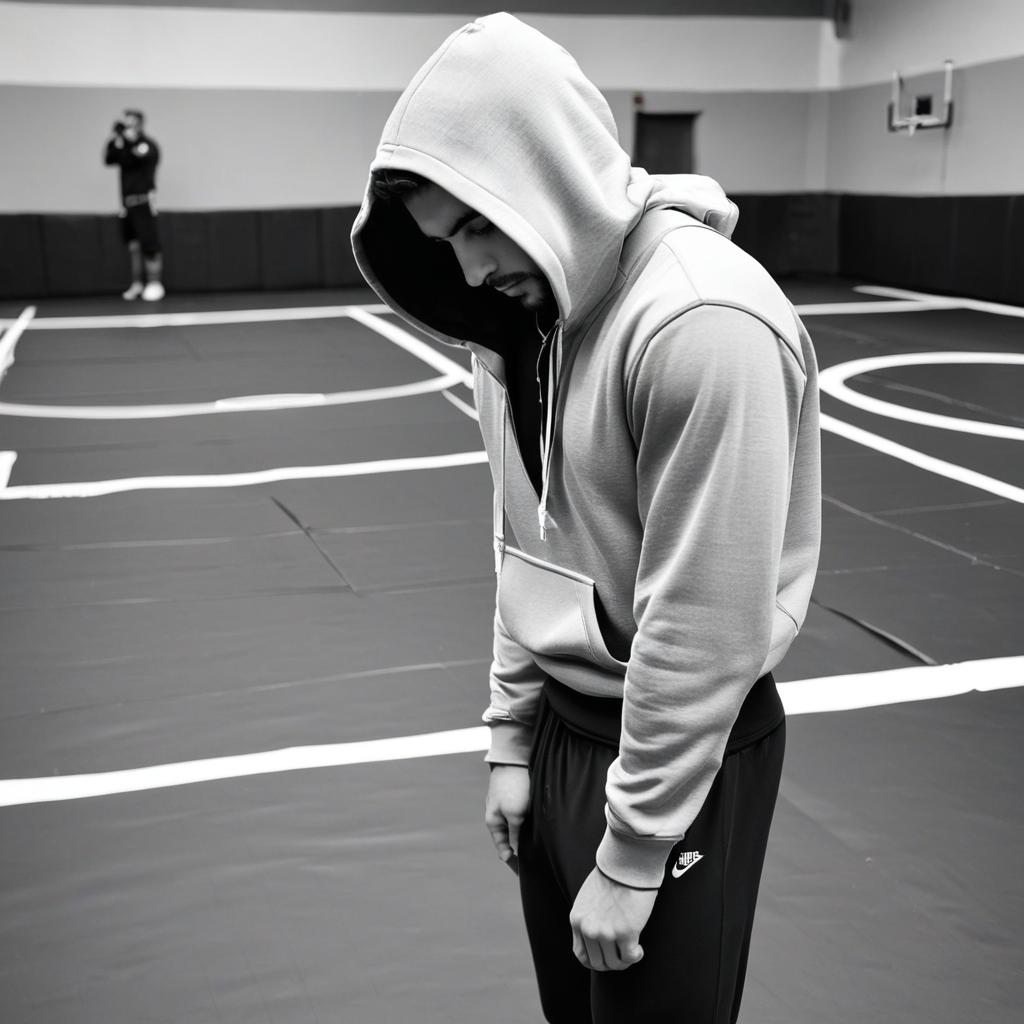  a guy in a hoodie standing in a wrestling mat looking down black and white