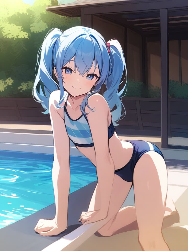  women's elementary students, twin tails, rich smiles, cute smiles, navy blue swimwear, old swimwear, swimwear, simple, male, shaped clear , shaped clear, clear stem, shaped crisp, male bulge,, front. the whole body, pool side,