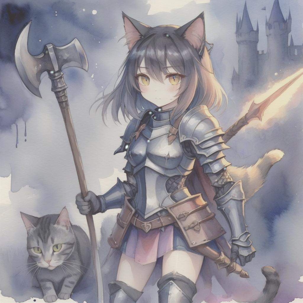  watercolor painting girl, cat ears, cat tail, knight armor, battle axe, fantasy, girl cat, drawing style, dark tones, troops. . vibrant, beautiful, painterly, detailed, textural, artistic