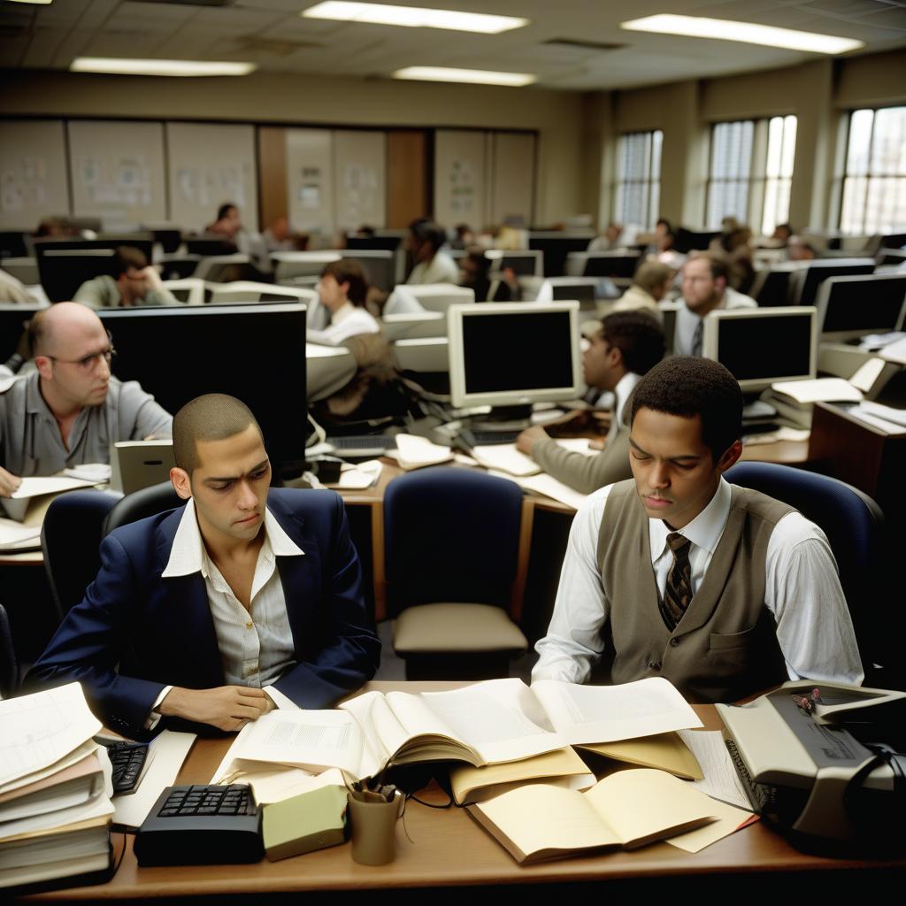  tired light skinned, olds sit in a cramped study at computers