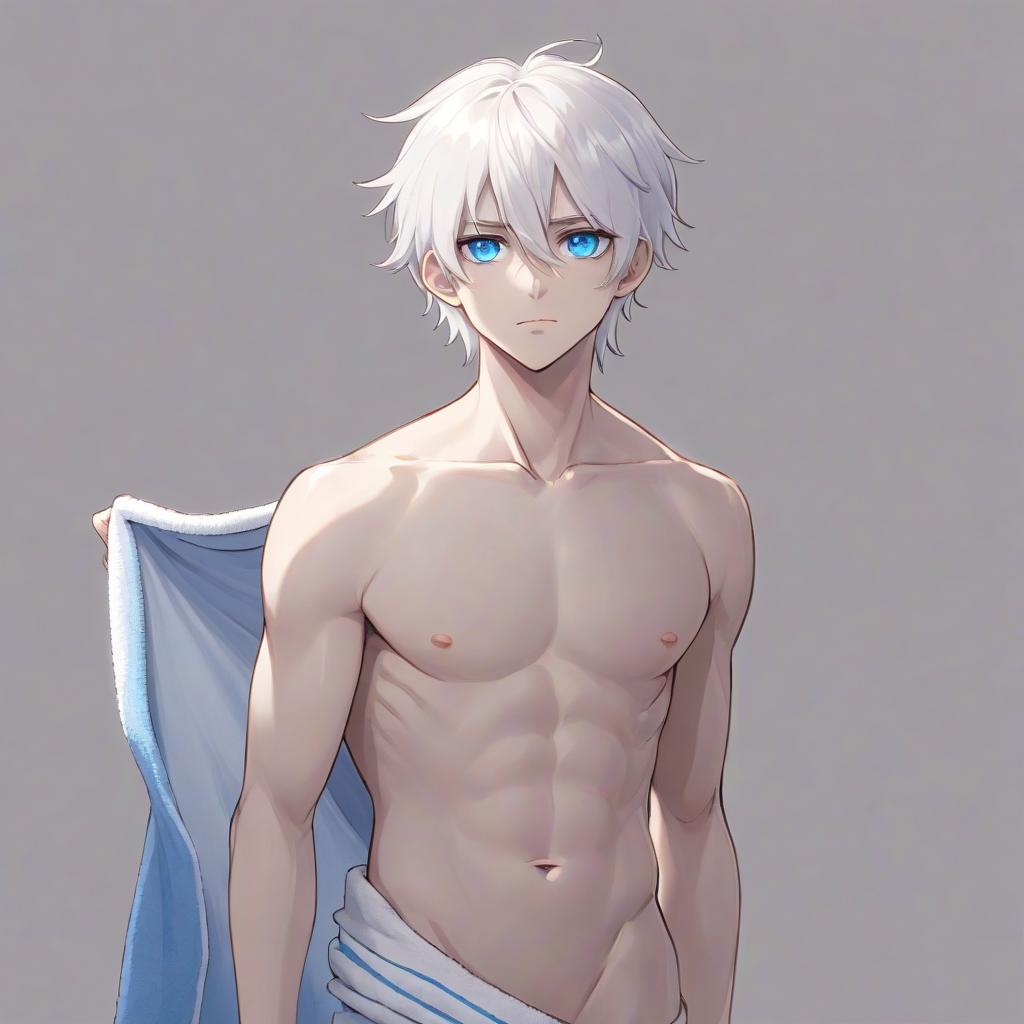  anime artwork a man with a bare torso stands with a towel on his hips, he has white hair and blue eyes, he does not pose much, looking to the side . anime style, key visual, vibrant, studio anime, highly detailed