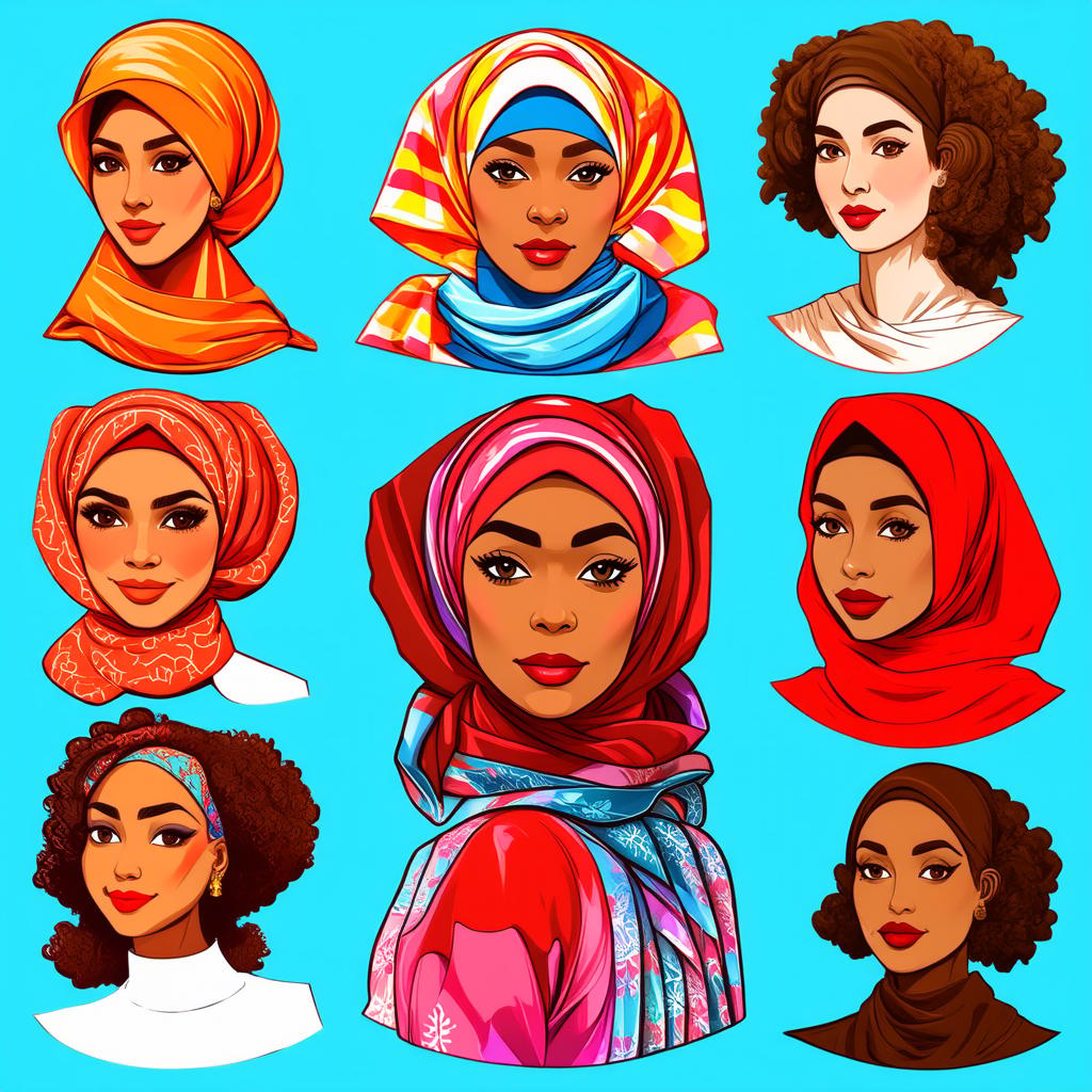  different beauty. set of different female heads in headscarf. different races and nationalities. colored hand drawn illustration {prompt}, maximum details